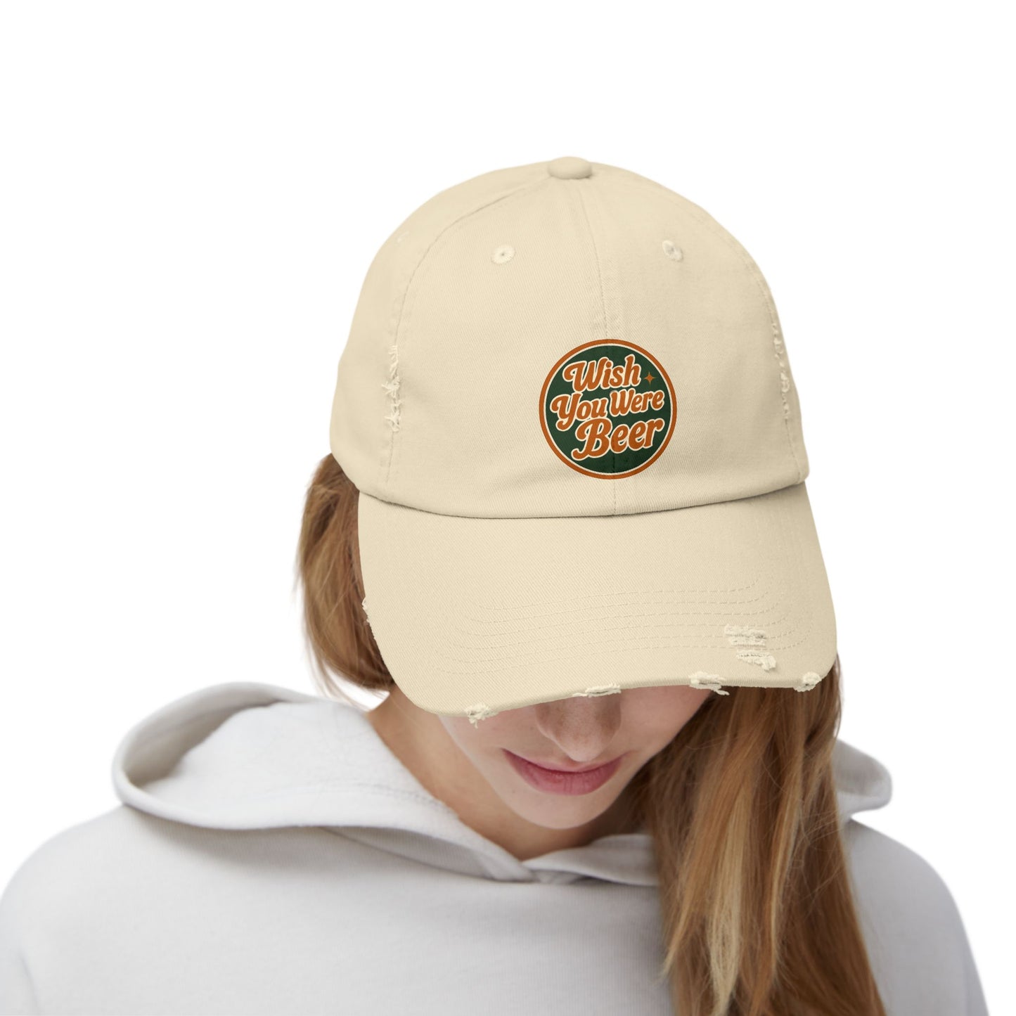 "Wish You Were Beer" unisex distressed hat